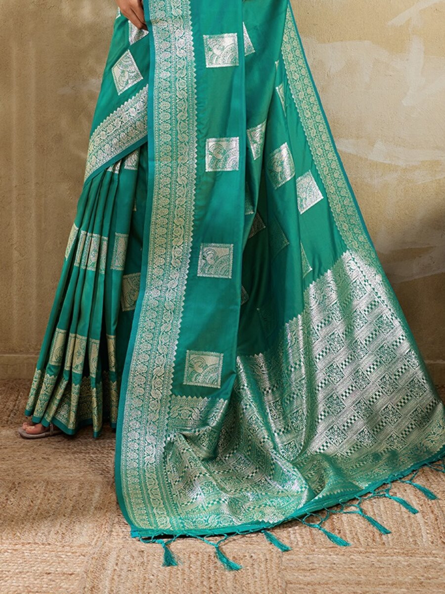 Teal Green Silk Blend Zari Wedding Reception Party Festival Casual Heavy Border Sarees