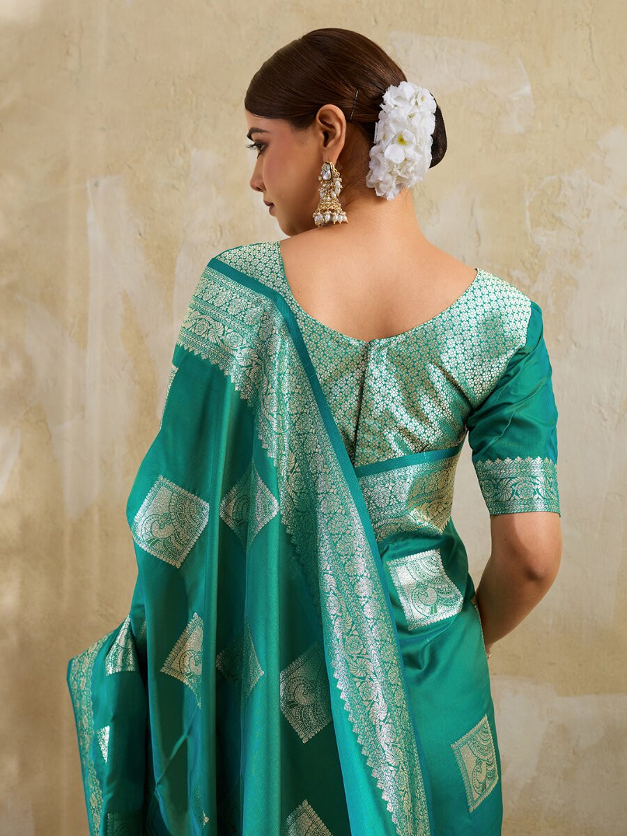 Teal Green Silk Blend Zari Wedding Reception Party Festival Casual Heavy Border Sarees