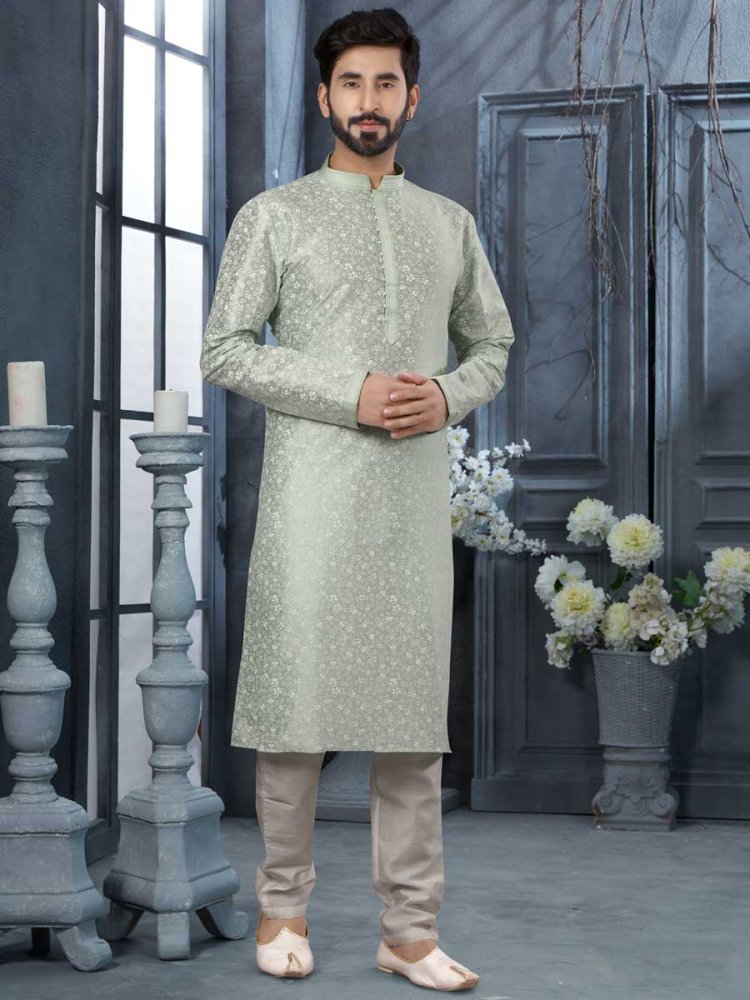 Teal Green Silk Embroidered Festival Kurta Set