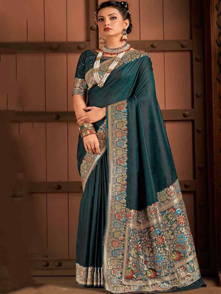 Teal Green Silk Handwoven Wedding Festival Heavy Border Saree