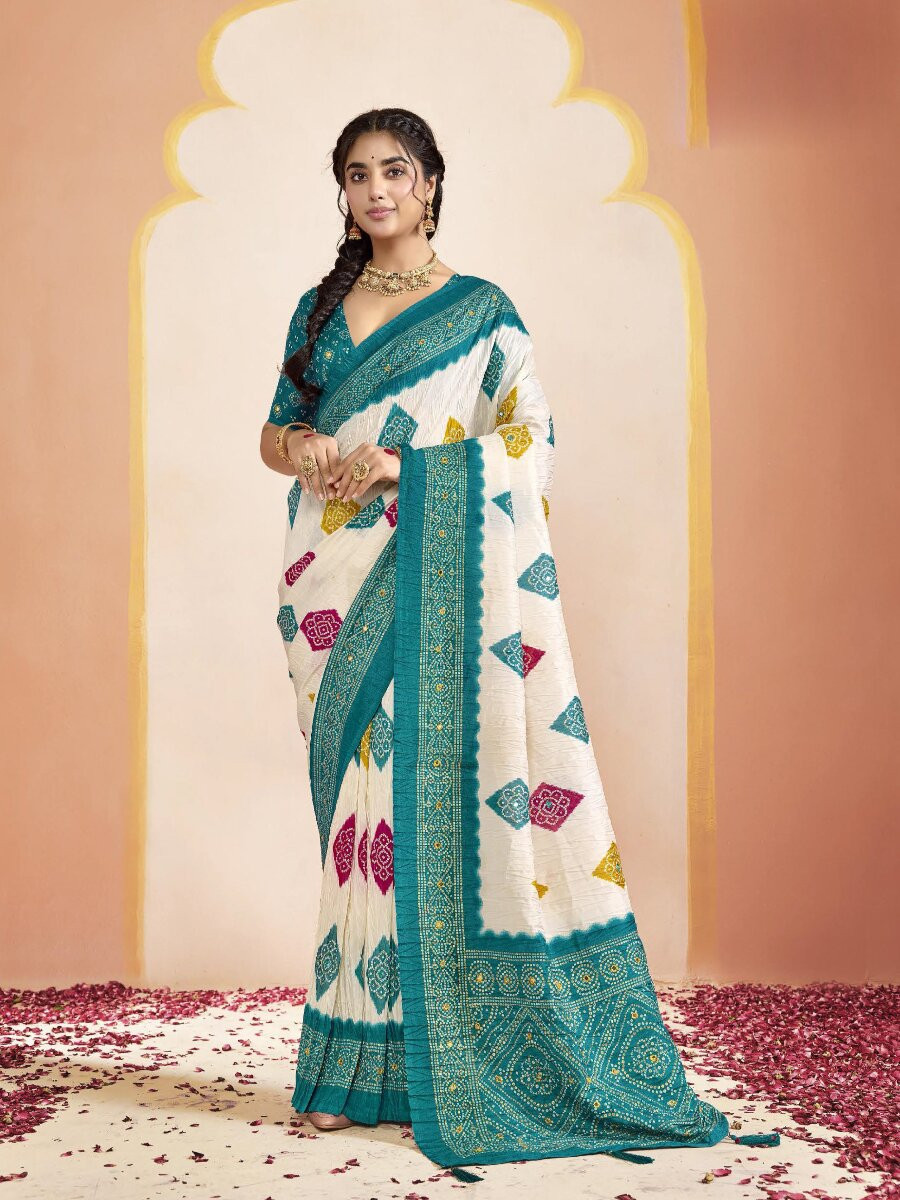 Teal Green Silk Printed Stone Work Wedding Reception Party Festival Casual Heavy Border Sarees