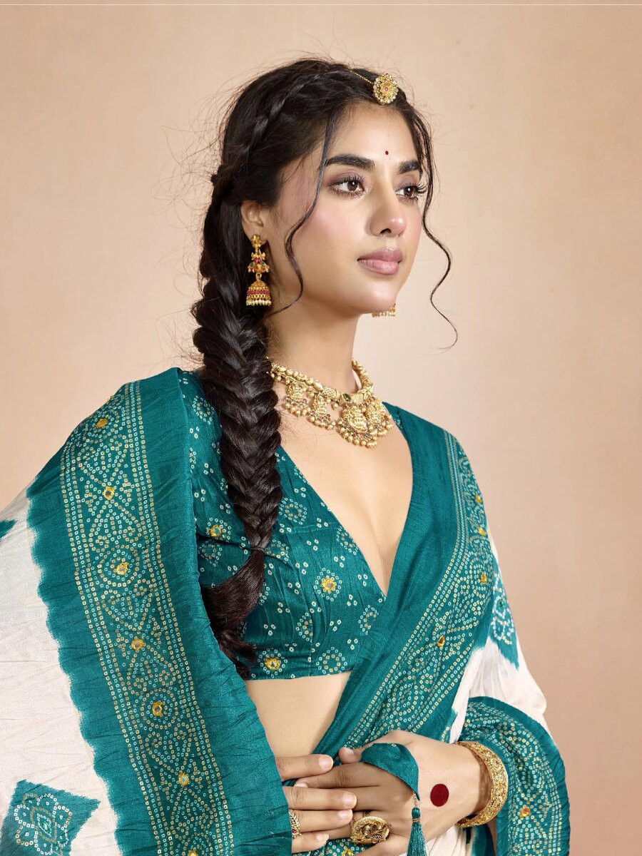 Teal Green Silk Printed Stone Work Wedding Reception Party Festival Casual Heavy Border Sarees