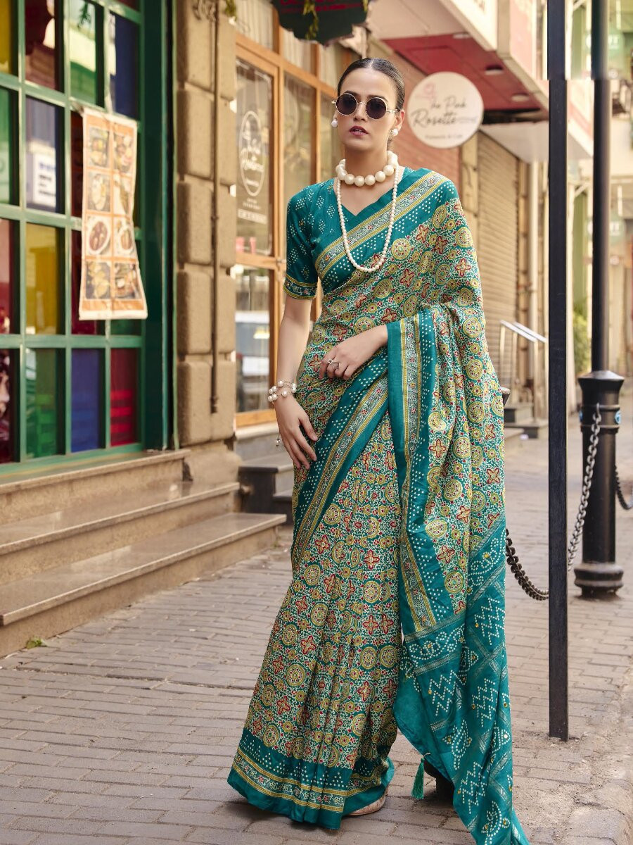 Teal Green Silk Printed Wedding Reception Party Festival Casual Heavy Border Sarees