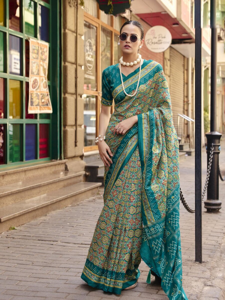 Image of Teal Green Silk Printed Wedding Reception Party Festival Casual Heavy Border Sarees