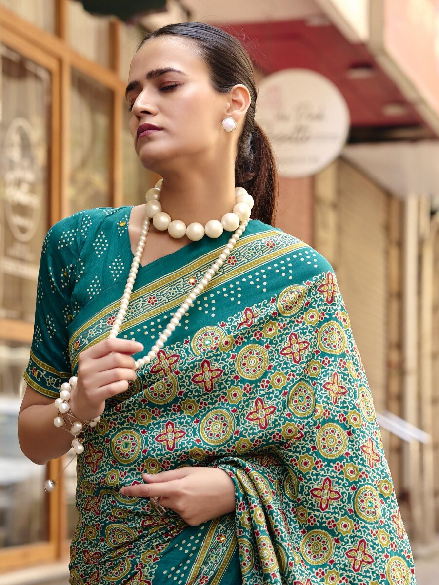 Teal Green Silk Printed Wedding Reception Party Festival Casual Heavy Border Sarees