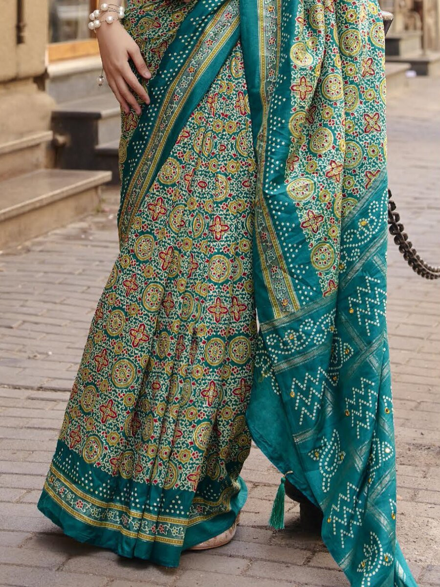 Teal Green Silk Printed Wedding Reception Party Festival Casual Heavy Border Sarees