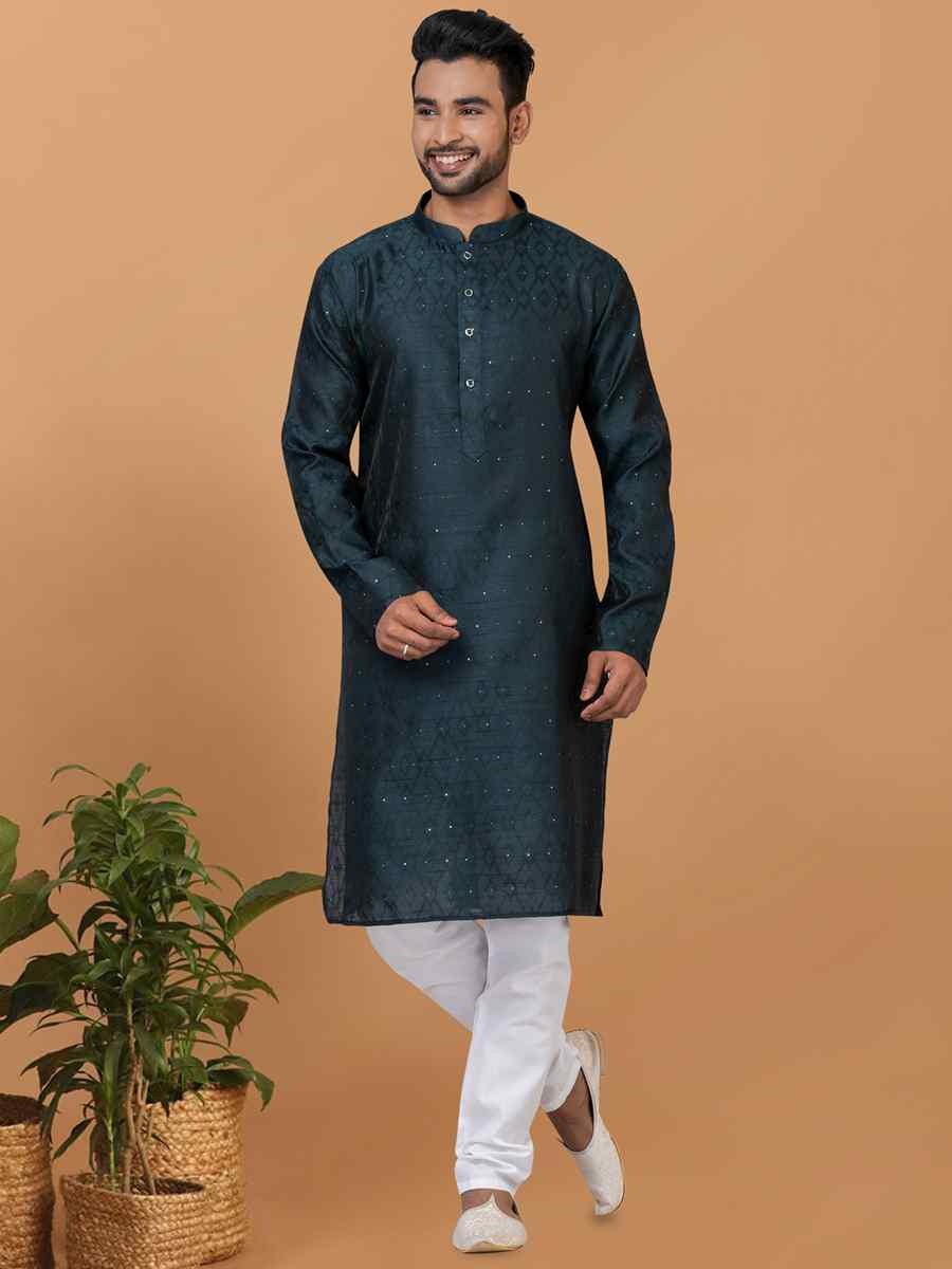 Teal Green Silk Woven Festival Wedding Sherwani