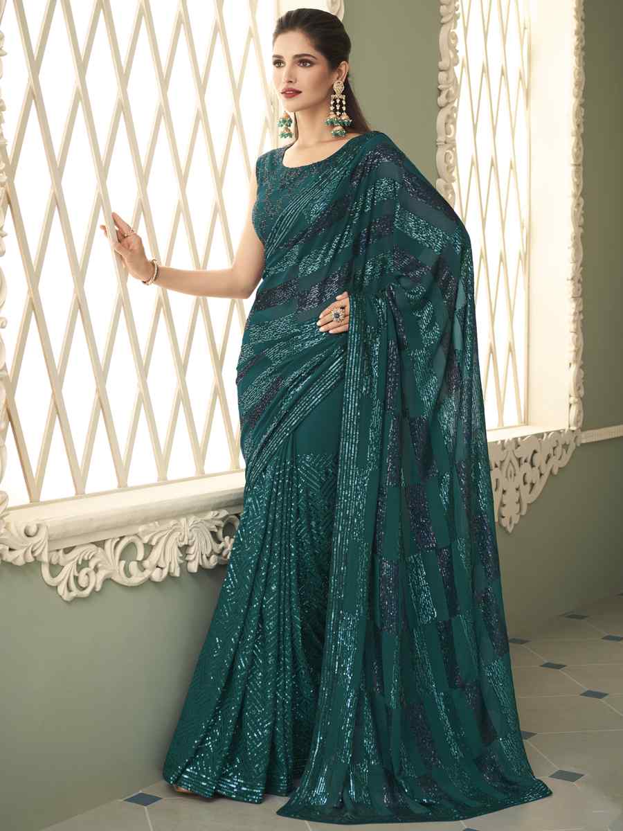 Teal Green Smooth Gerogette Sequins Party Cocktail Classic Style Saree