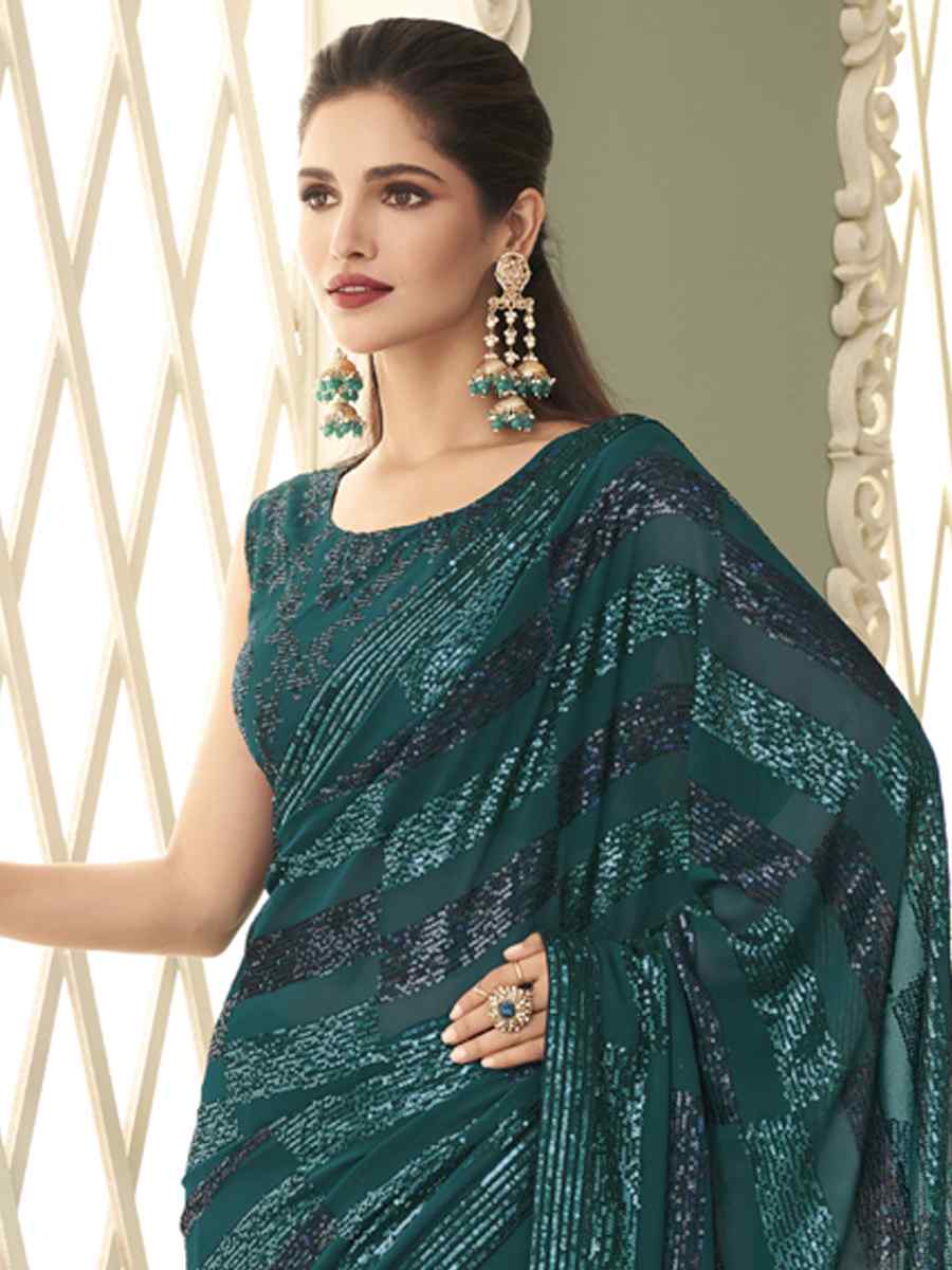 Teal Green Smooth Gerogette Sequins Party Cocktail Classic Style Saree
