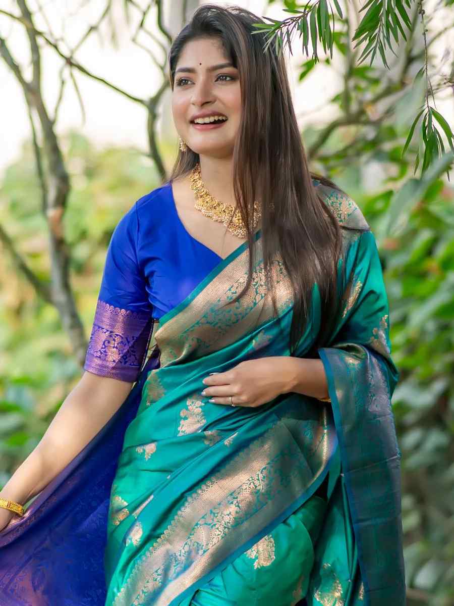 Teal Green Soft Banarasi Silk Handwoven Festival Festival Heavy Border Saree