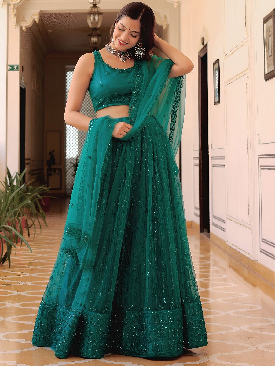 Teal Green Soft Net Embroidery Sequins Pearl Work Wedding Reception Party Festival Heavy Border Lehenga Choli