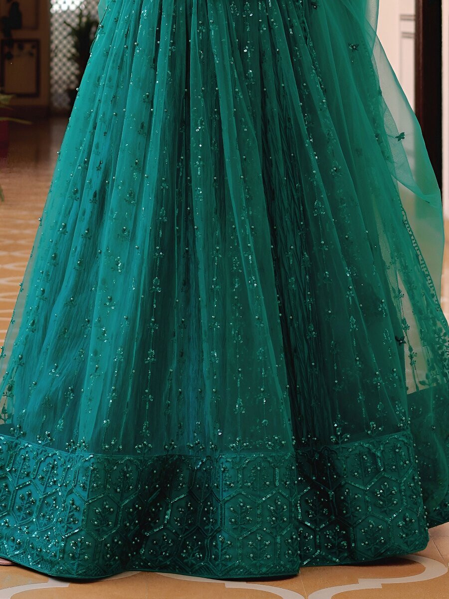 Teal Green Soft Net Embroidery Sequins Pearl Work Wedding Reception Party Festival Heavy Border Lehenga Choli