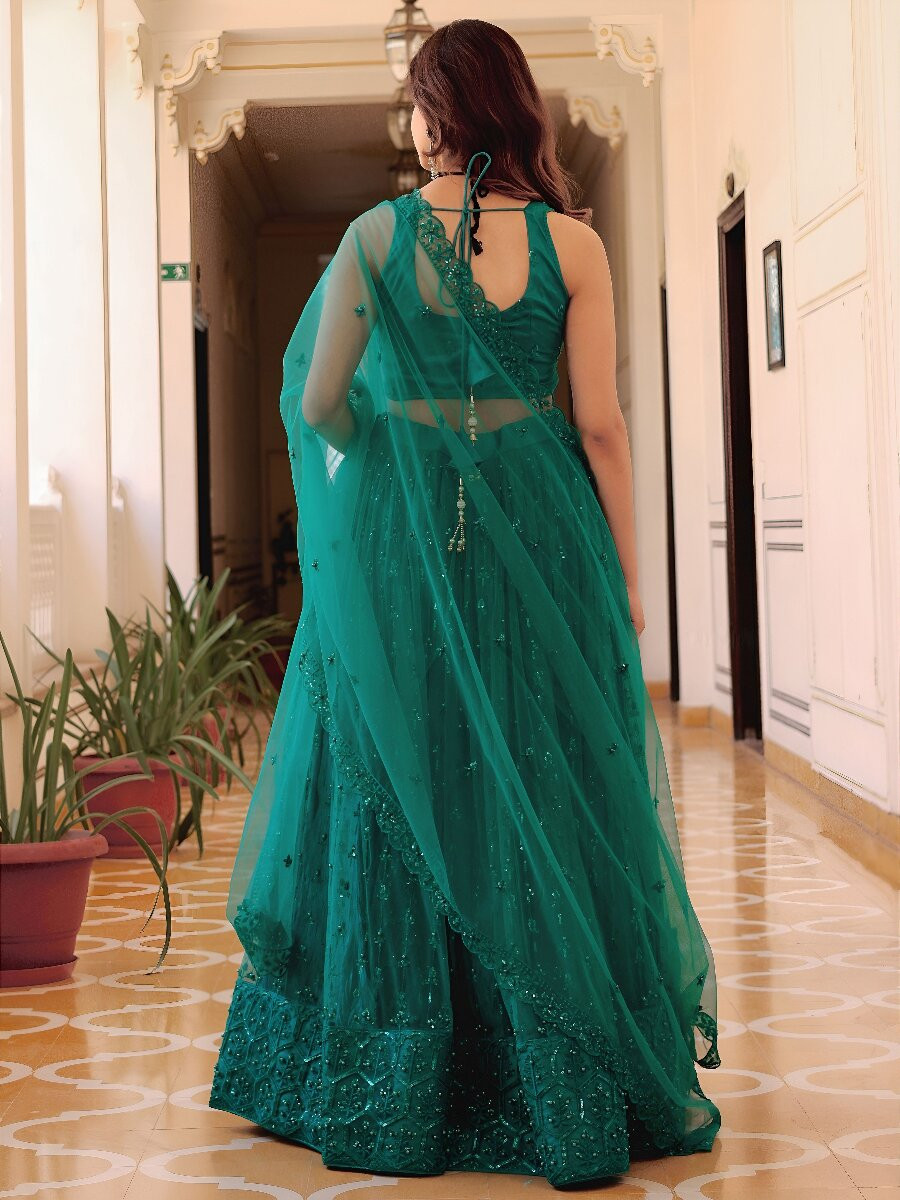 Teal Green Soft Net Embroidery Sequins Pearl Work Wedding Reception Party Festival Heavy Border Lehenga Choli