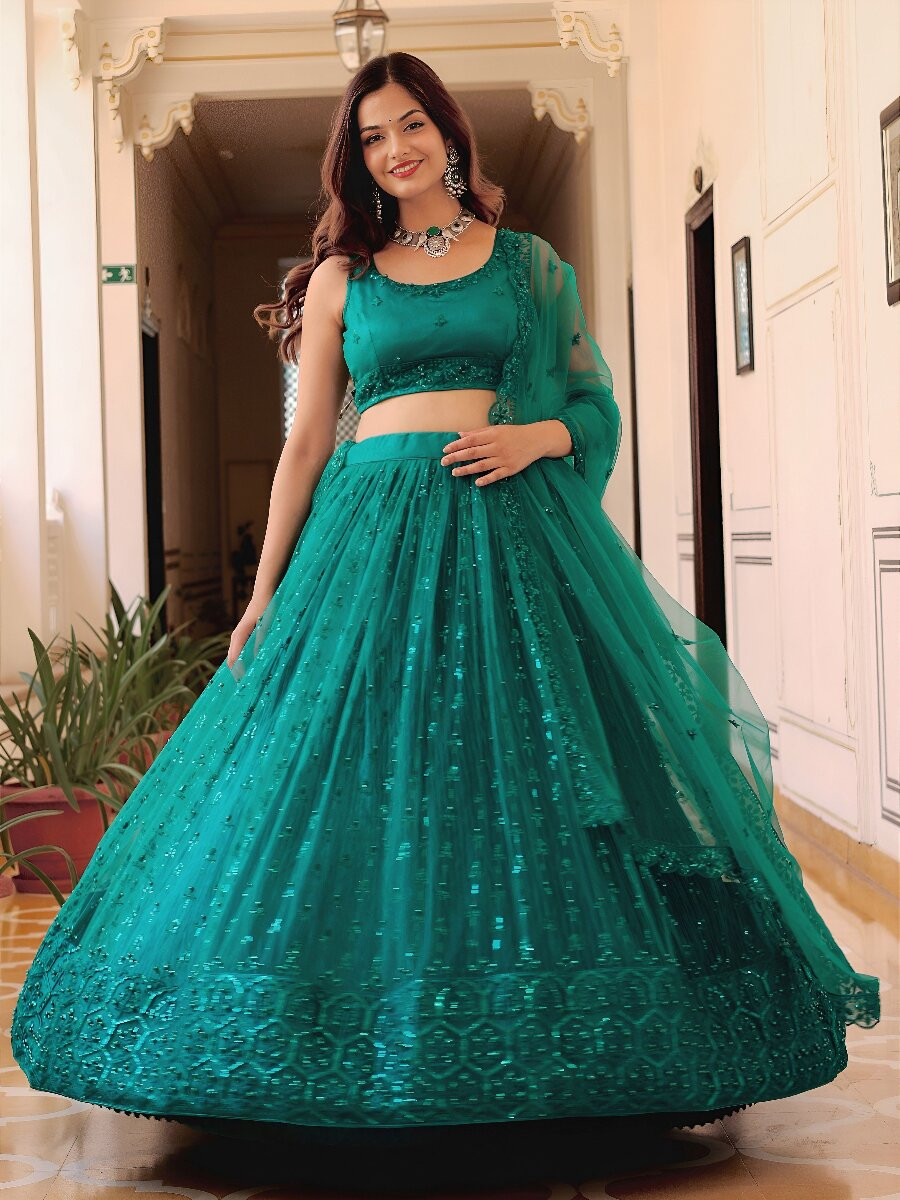 Teal Green Soft Net Embroidery Sequins Pearl Work Wedding Reception Party Festival Heavy Border Lehenga Choli