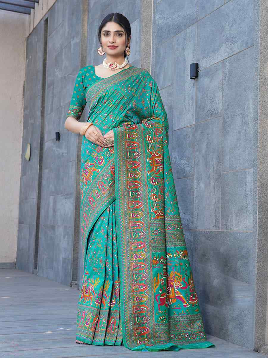 Teal Green Soft Pure Silk Handwoven Festival Wedding Fancy Heavy Border Saree