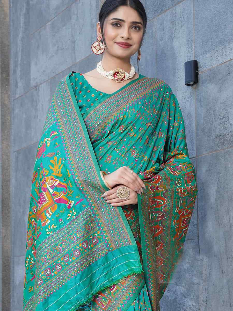 Teal Green Soft Pure Silk Handwoven Festival Wedding Fancy Heavy Border Saree
