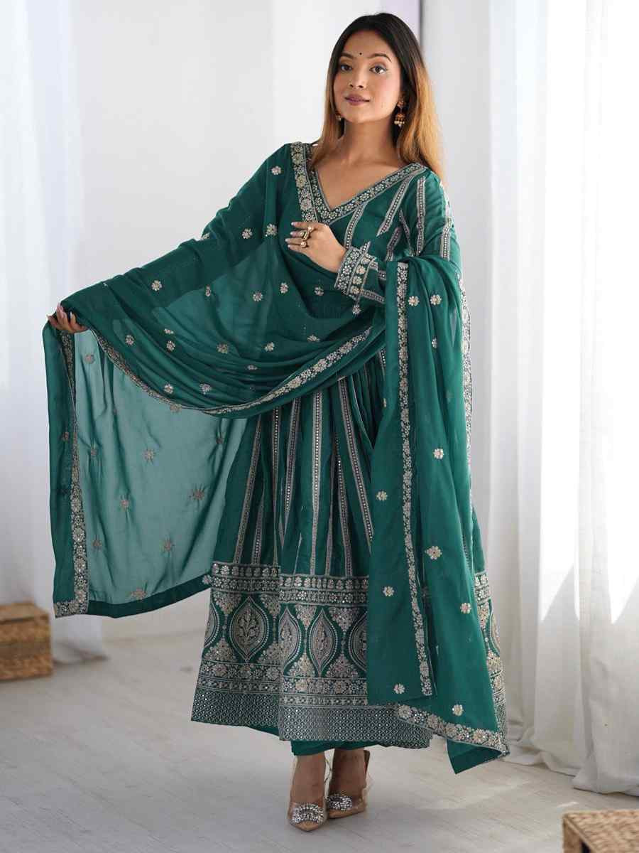 Teal Green Star Georgette Embroidered Festival Casual Ready Anarkali Salwar Kameez