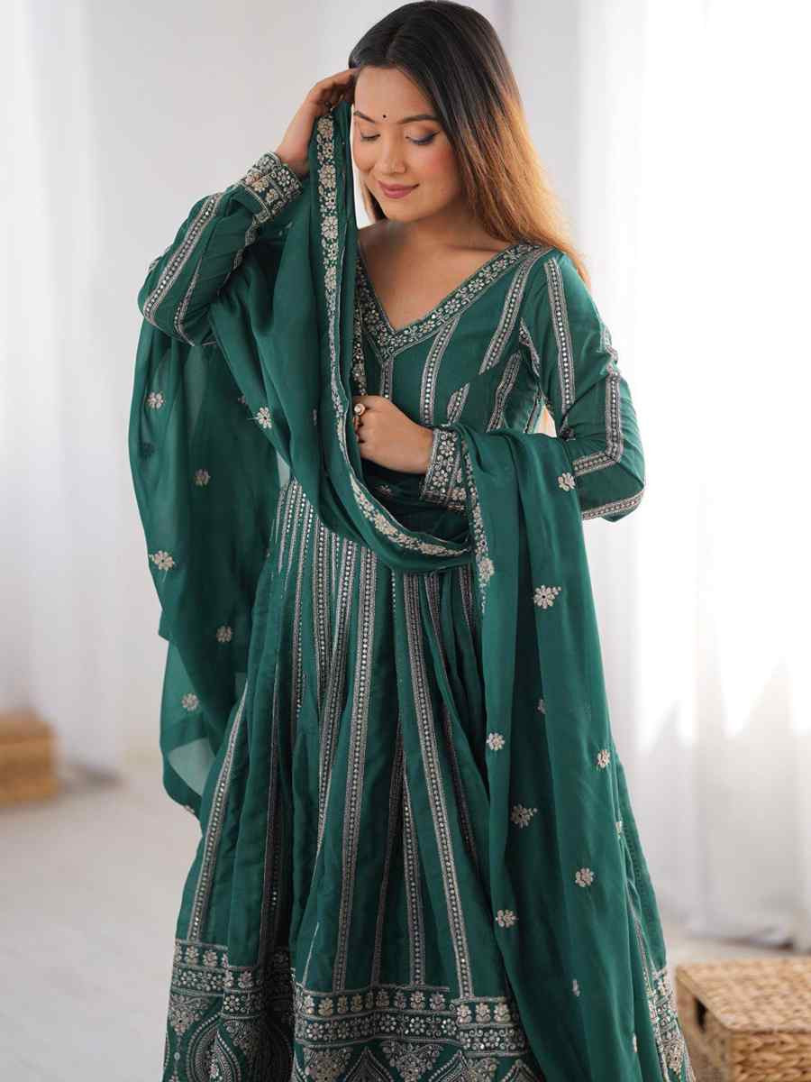 Teal Green Star Georgette Embroidered Festival Casual Ready Anarkali Salwar Kameez