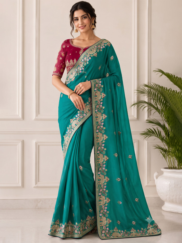 Image of Teal Green Star Georgette Embroidery Wedding Reception Party Festival Casual Heavy Border Sarees