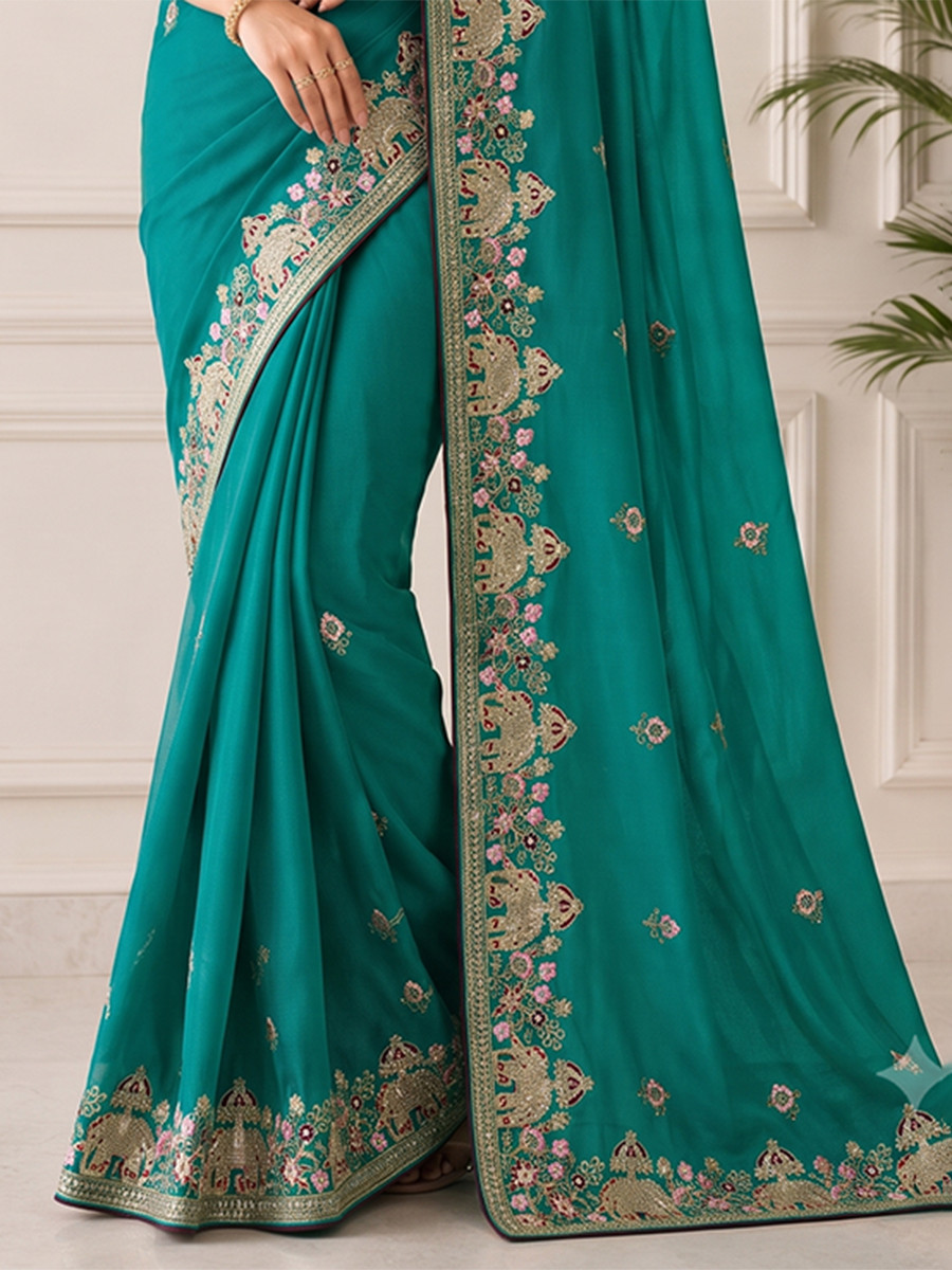 Teal Green Star Georgette Embroidery Wedding Reception Party Festival Casual Heavy Border Sarees