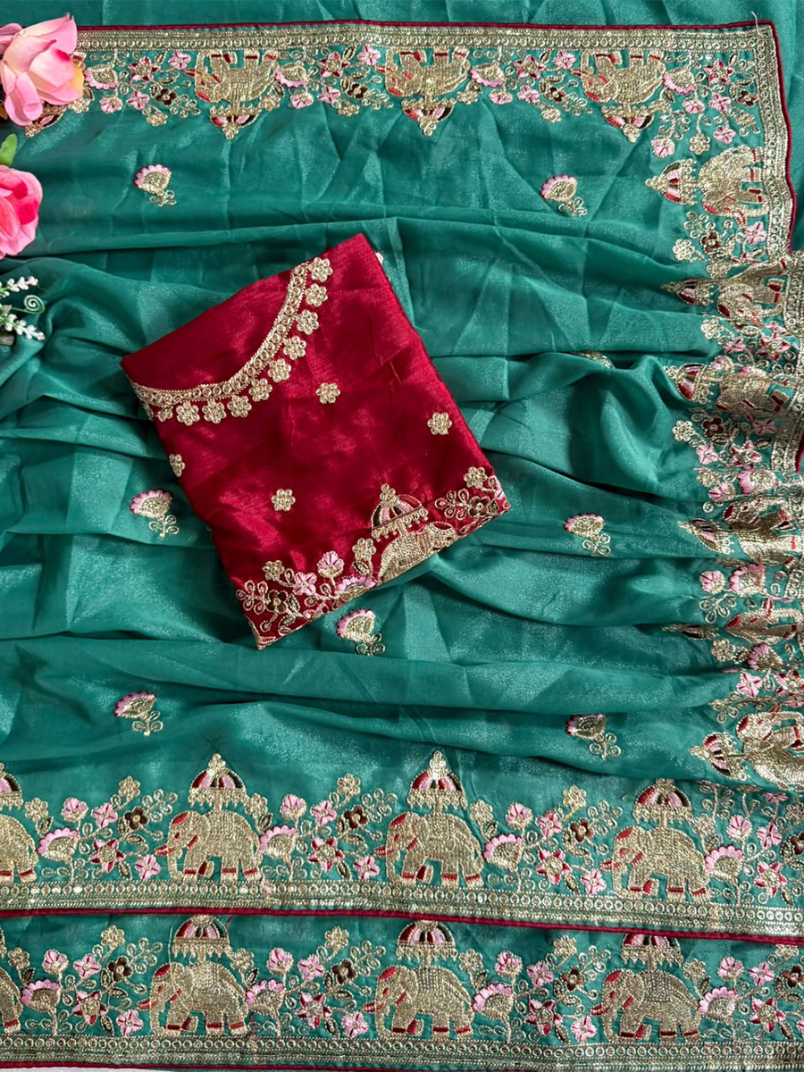 Teal Green Star Georgette Embroidery Wedding Reception Party Festival Casual Heavy Border Sarees