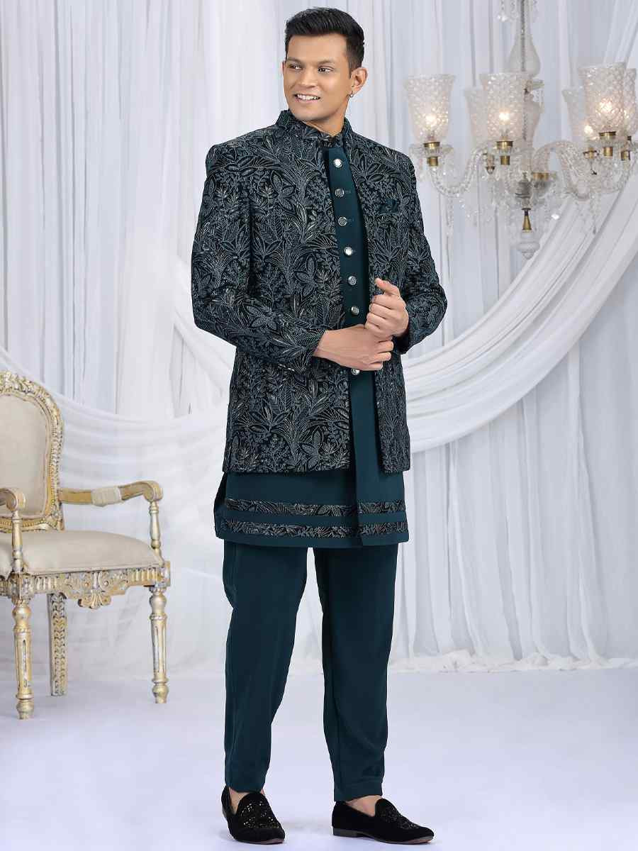 Teal Green Teal Green Valvet Silk Embroidered Festival Wedding Mens 3 PCS Indo Western Set