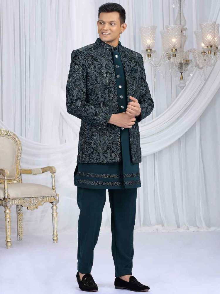 Image of Teal Green Teal Green Valvet Silk Embroidered Festival Wedding Mens 3 PCS Indo Western Set