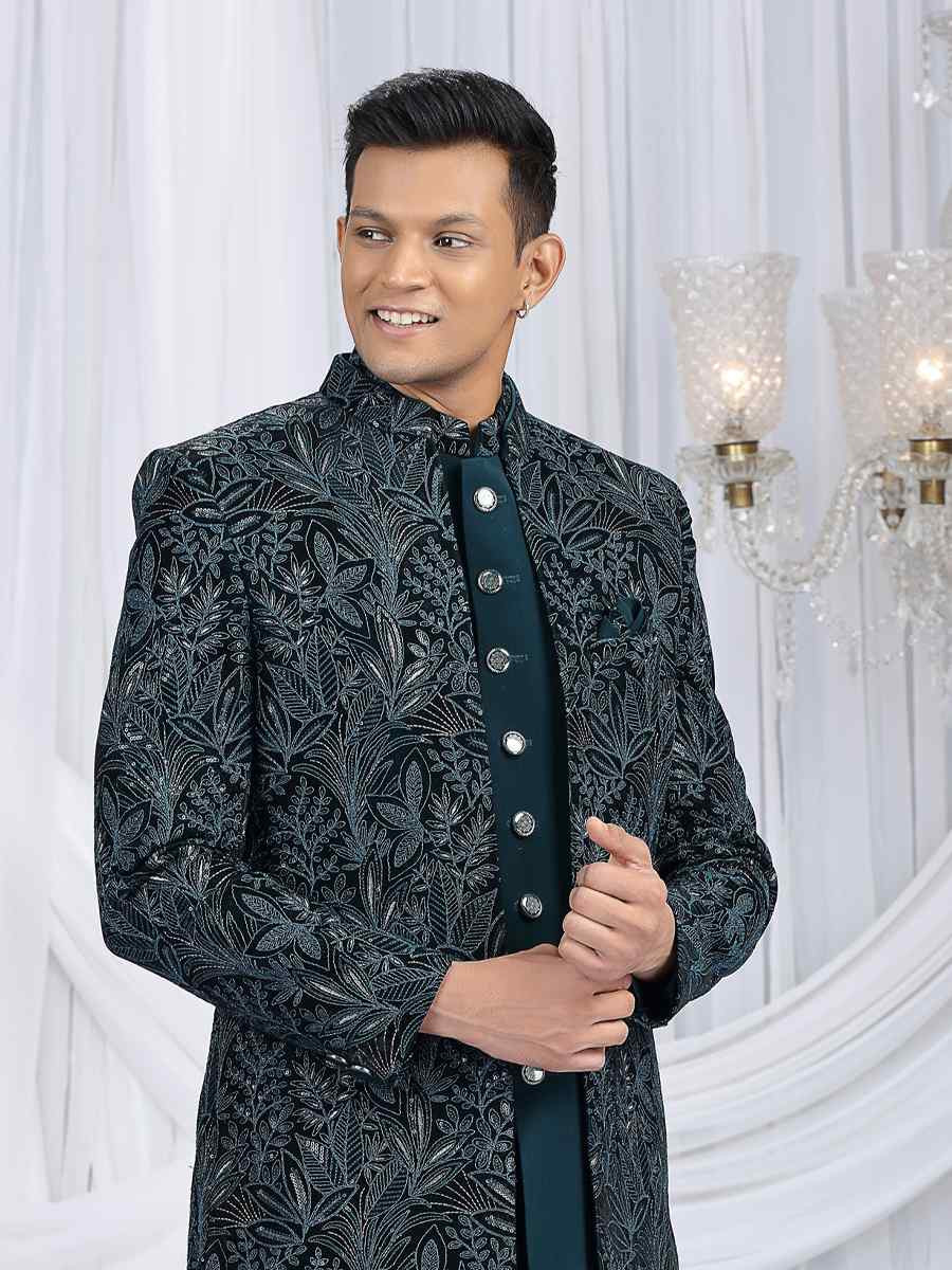 Teal Green Teal Green Valvet Silk Embroidered Festival Wedding Mens 3 PCS Indo Western Set