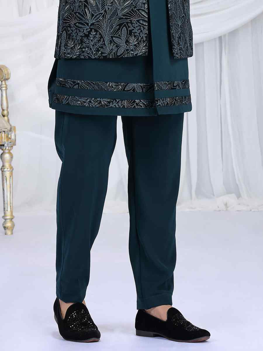 Teal Green Teal Green Valvet Silk Embroidered Festival Wedding Mens 3 PCS Indo Western Set