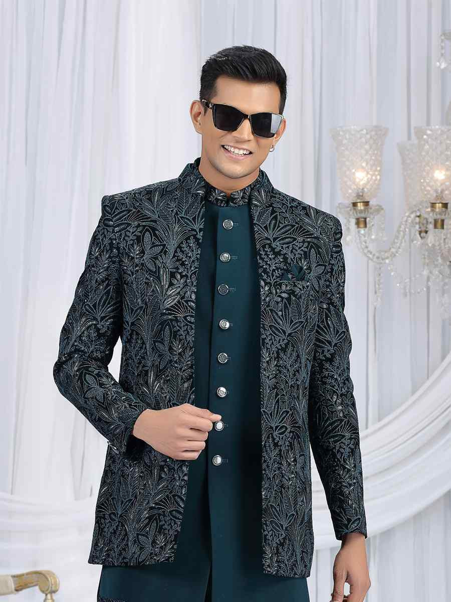 Teal Green Teal Green Valvet Silk Embroidered Festival Wedding Mens 3 PCS Indo Western Set