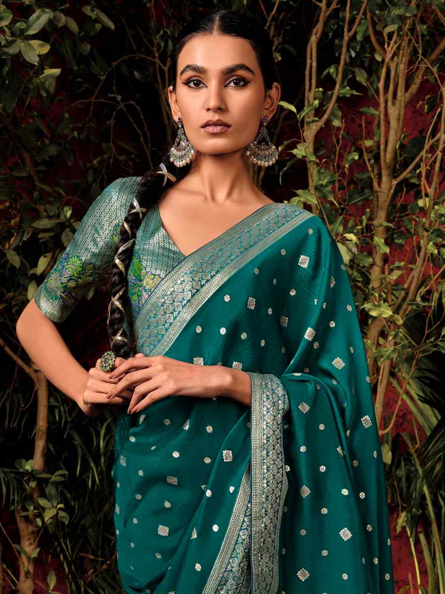 Teal Green Viscose Dola Handwoven Wedding Festival Heavy Border Saree