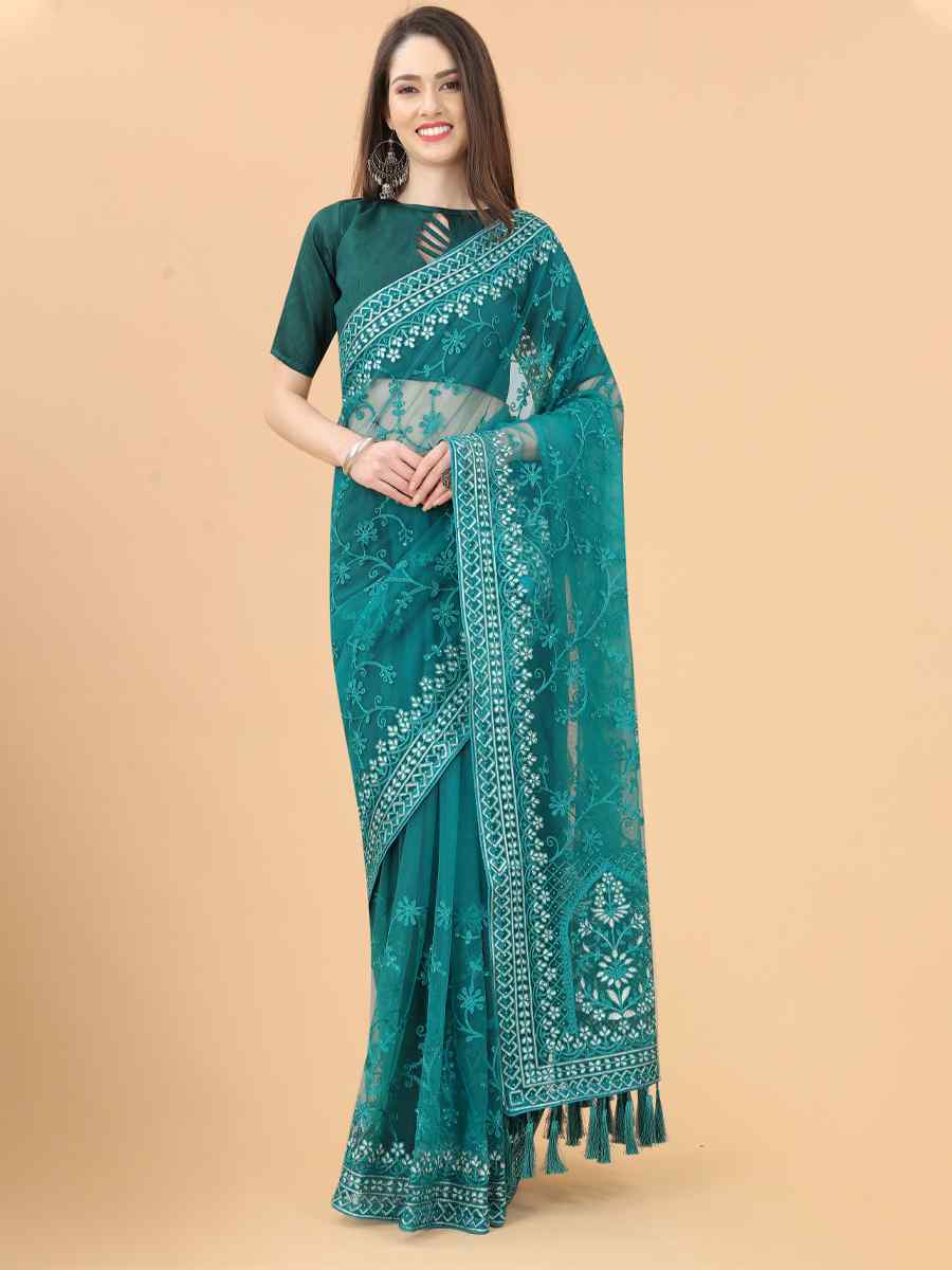 Teal Heavy Butterfly Net Embroidered Party Festival Heavy Border Saree