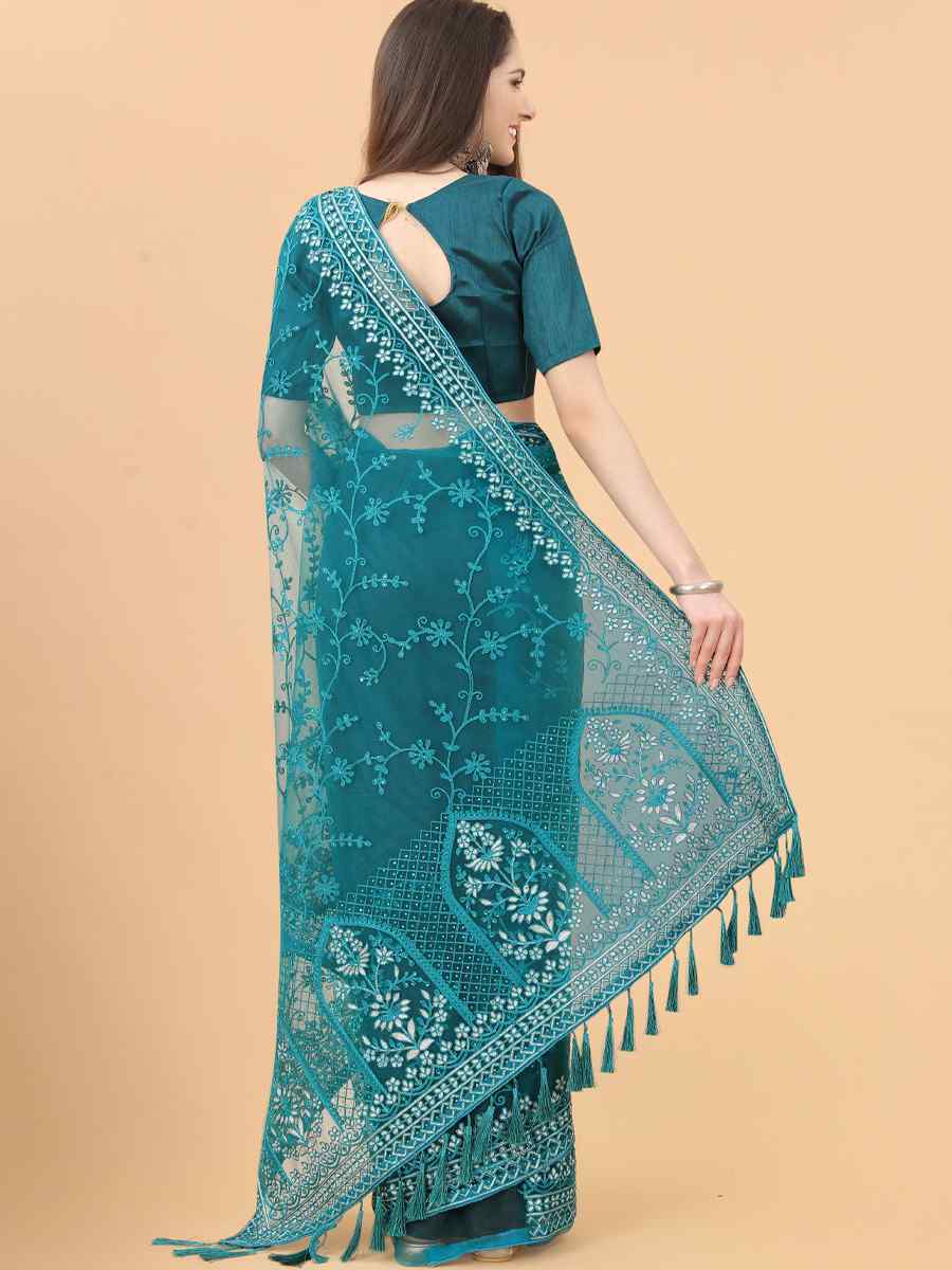 Teal Heavy Butterfly Net Embroidered Party Festival Heavy Border Saree