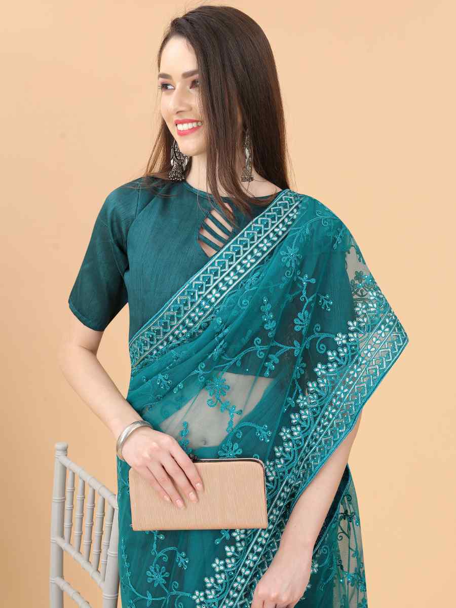 Teal Heavy Butterfly Net Embroidered Party Festival Heavy Border Saree