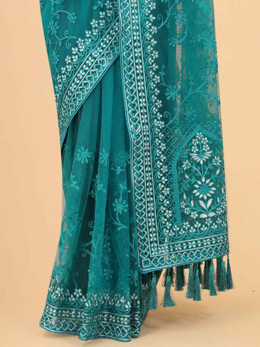 Teal Heavy Butterfly Net Embroidered Party Festival Heavy Border Saree