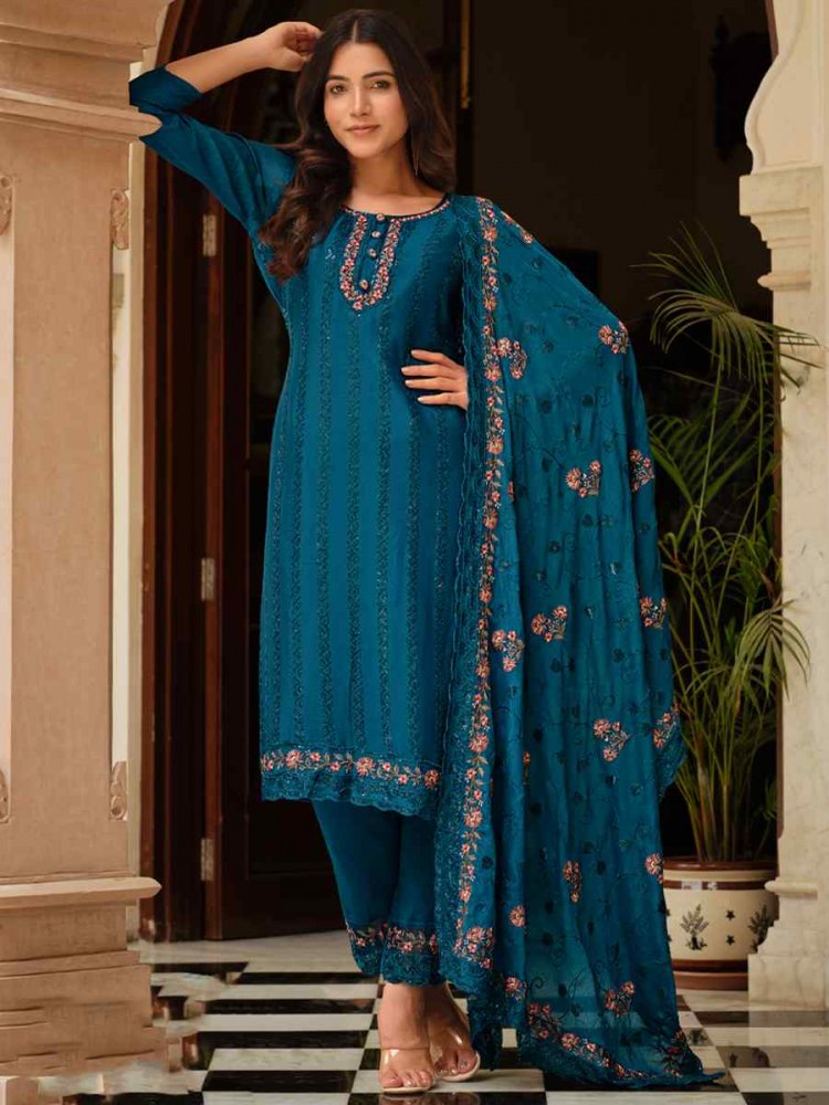 Teal Heavy Chinon Embroidered Festival Wedding Pant Salwar Kameez