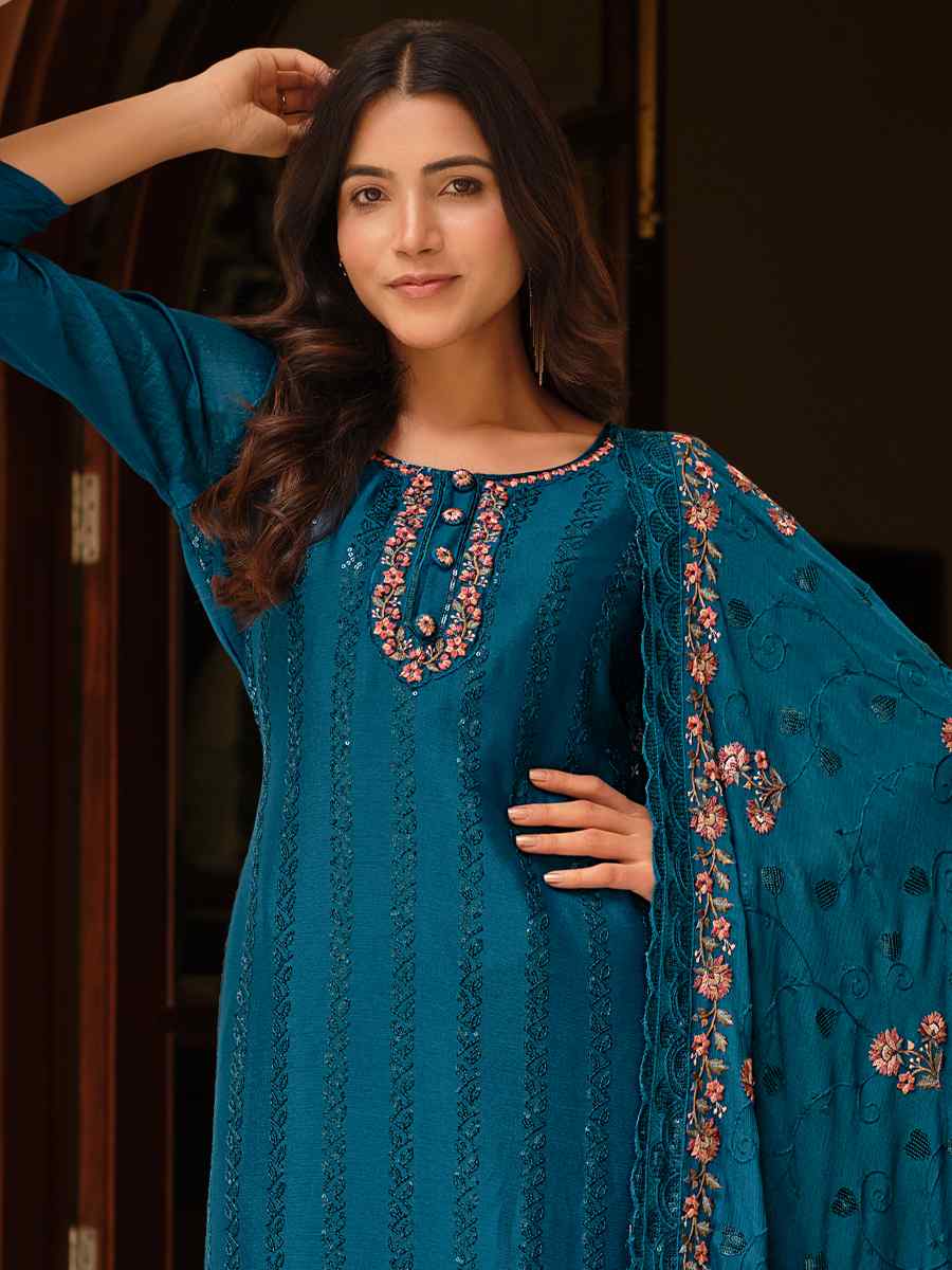 Teal Heavy Chinon Embroidered Festival Wedding Pant Salwar Kameez