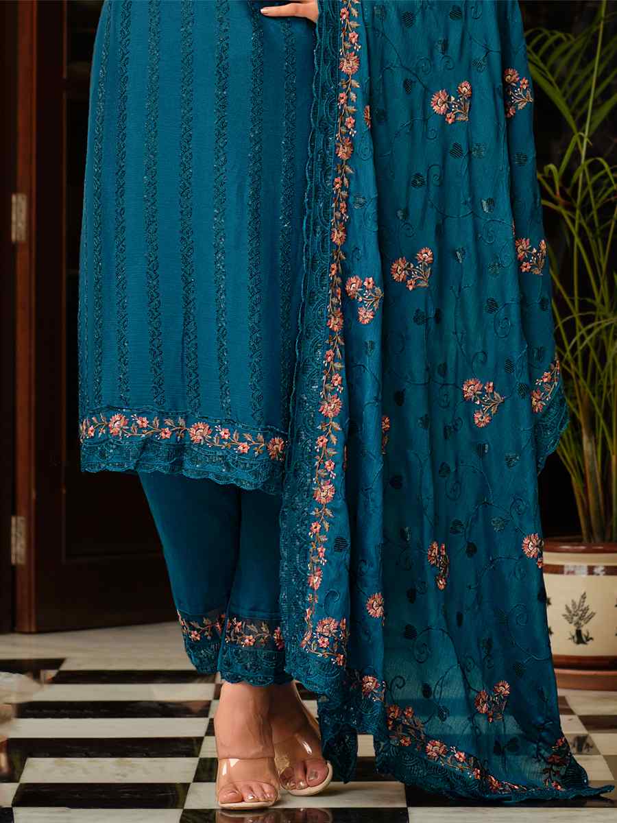 Teal Heavy Chinon Embroidered Festival Wedding Pant Salwar Kameez