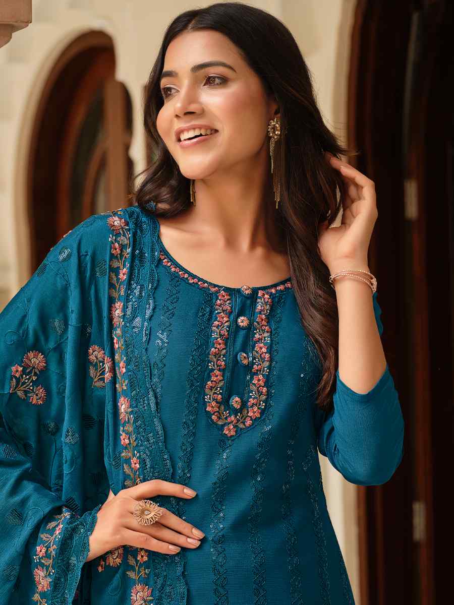 Teal Heavy Chinon Embroidered Festival Wedding Pant Salwar Kameez