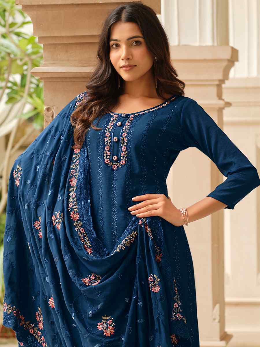 Teal Heavy Chinon Embroidered Festival Wedding Pant Salwar Kameez