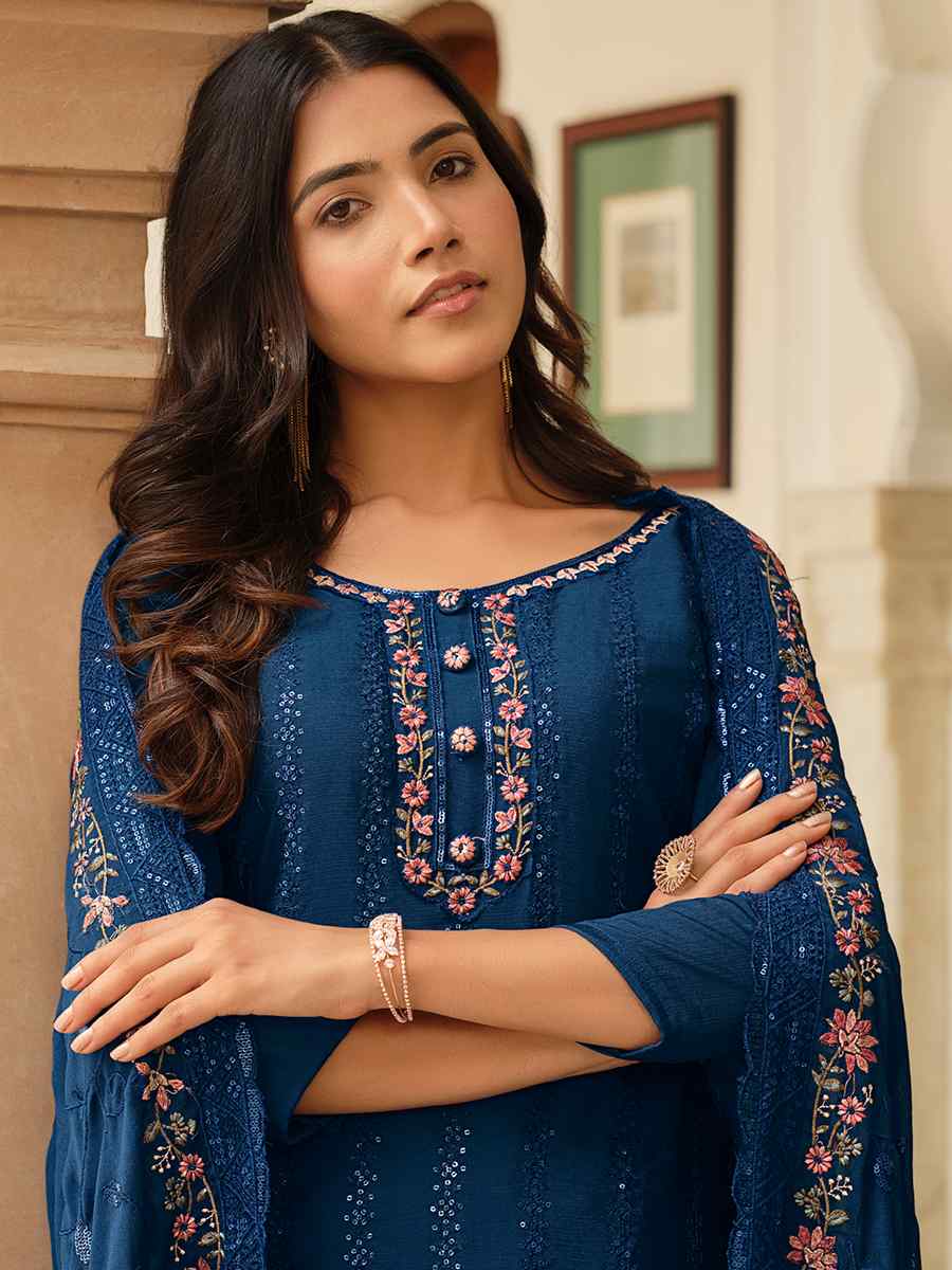 Teal Heavy Chinon Embroidered Festival Wedding Pant Salwar Kameez