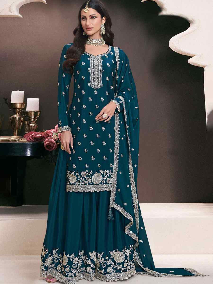 Teal Heavy Chinon Embroidered Festival Wedding Sharara Pant Salwar Kameez