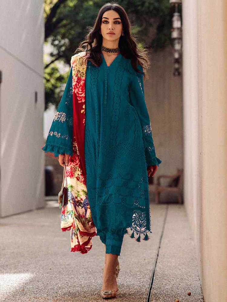 Teal Heavy Cotton Embroidered Festival Casual Pant Salwar Kameez