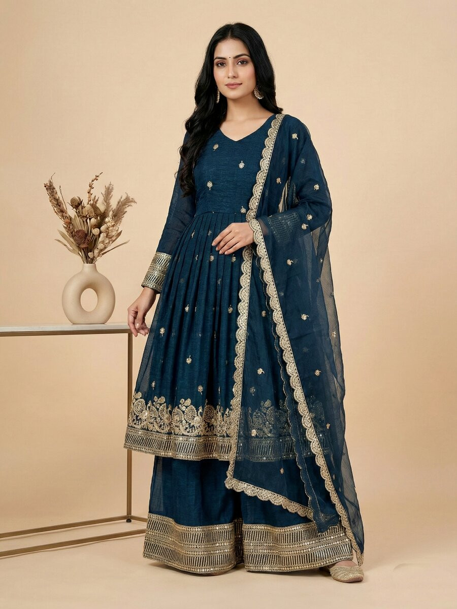 Teal Heavy Crunchy Silk Embroidery Sequins Wedding Festival Party Wear Ready Anarkali Sharara Pant Salwar Kameez