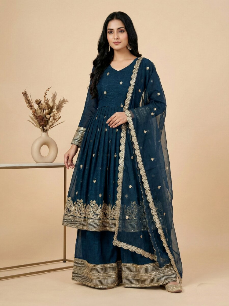 Image of Teal Heavy Crunchy Silk Embroidery Sequins Wedding Festival Party Wear Ready Anarkali Sharara Pant Salwar Kameez