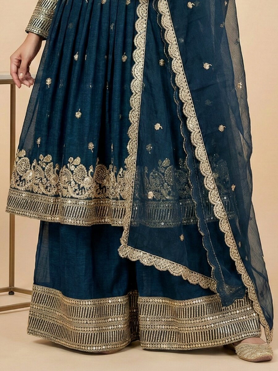 Teal Heavy Crunchy Silk Embroidery Sequins Wedding Festival Party Wear Ready Anarkali Sharara Pant Salwar Kameez