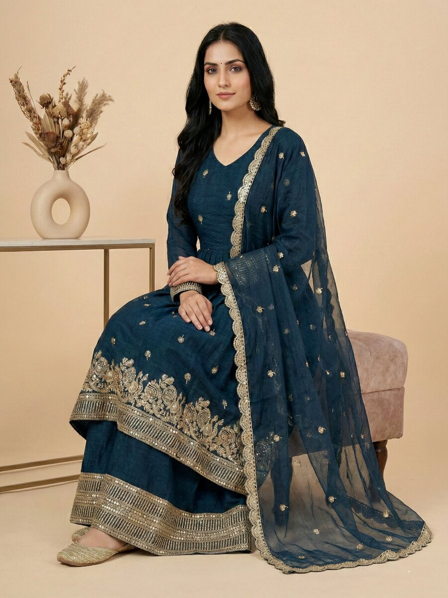 Teal Heavy Crunchy Silk Embroidery Sequins Wedding Festival Party Wear Ready Anarkali Sharara Pant Salwar Kameez