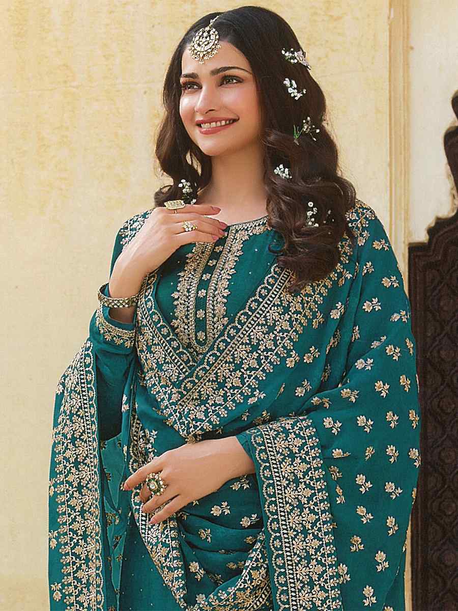 Teal Heavy Dola Silk Embroidered Festival Wedding Bollywood Style Pant Salwar Kameez