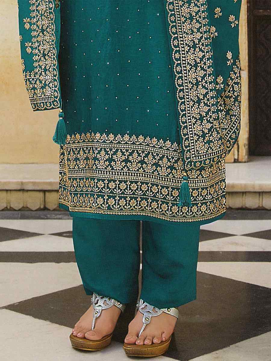 Teal Heavy Dola Silk Embroidered Festival Wedding Bollywood Style Pant Salwar Kameez