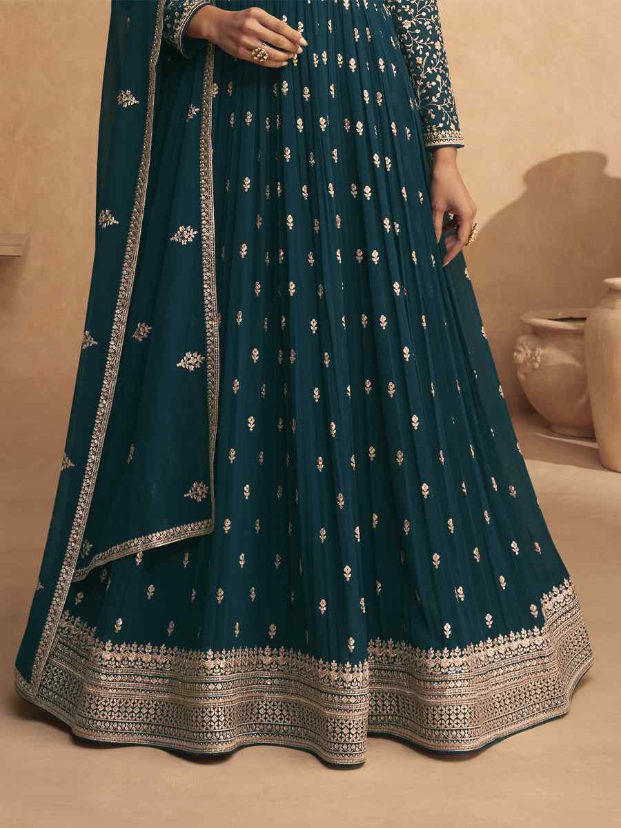 Teal Heavy Faux Georgatte Embroidered Festival Mehendi Anarkali Salwar Kameez